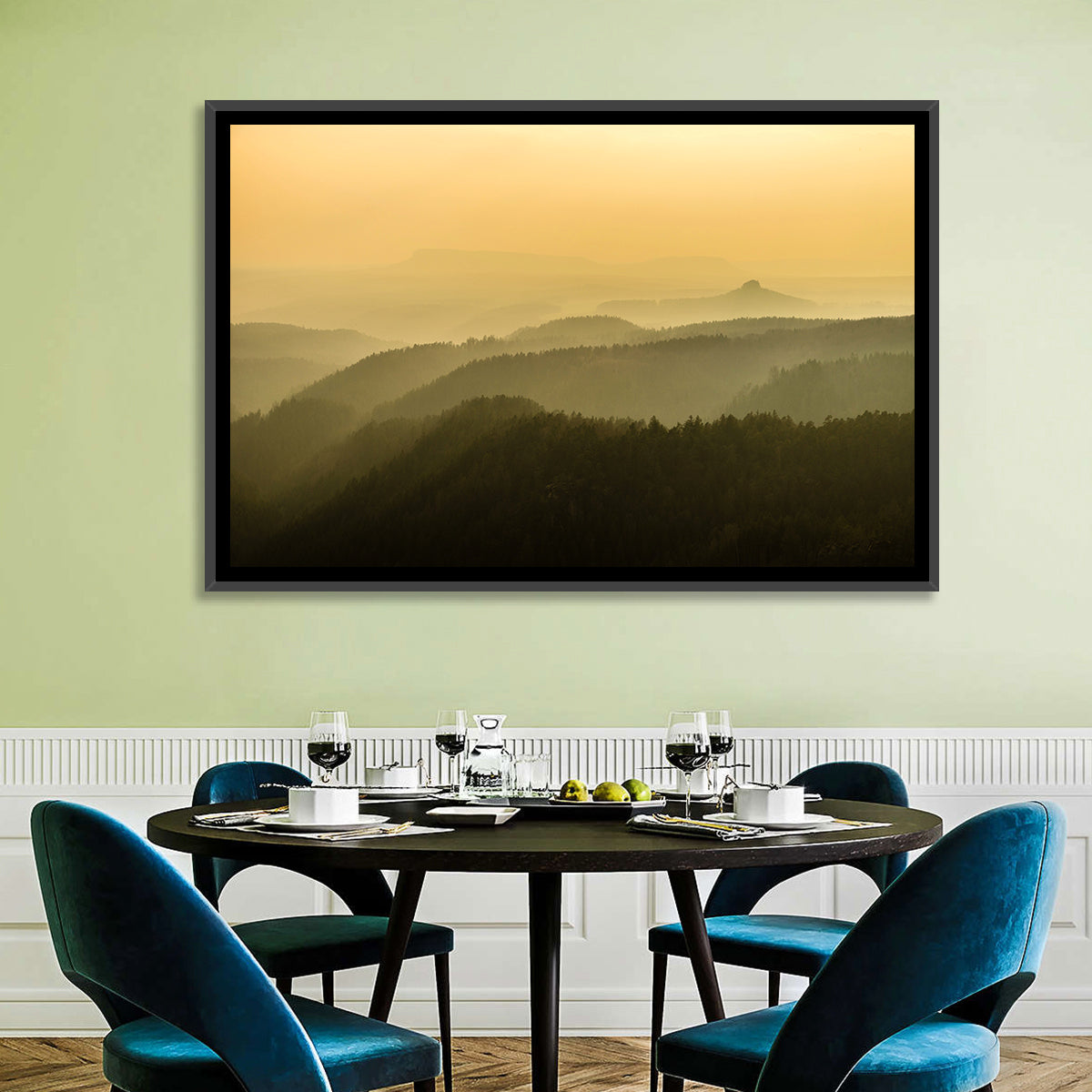 Misty Golden Ridge Landscape Wall Art in a room, landscape