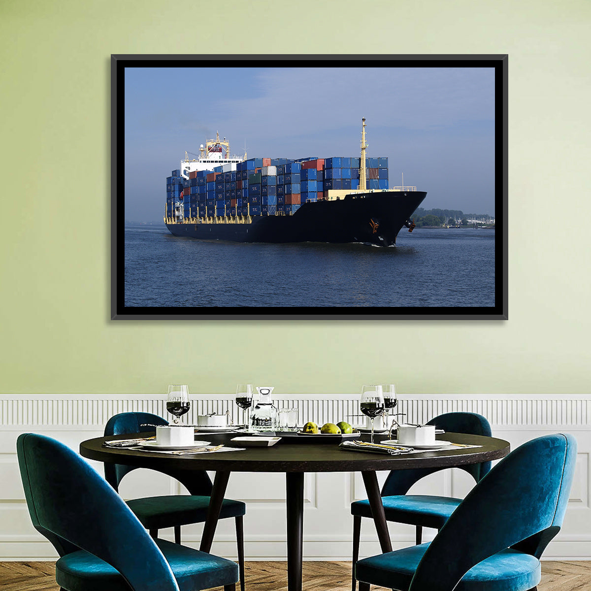 Container Ship in Motion Wall Art in a room, landscape