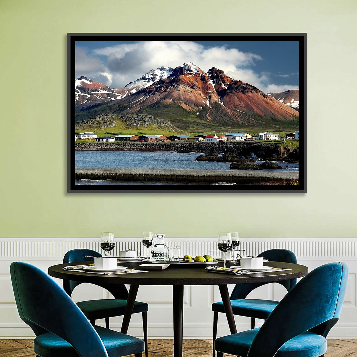 East Fjords Harbor Village Wall Art in a room, landscape
