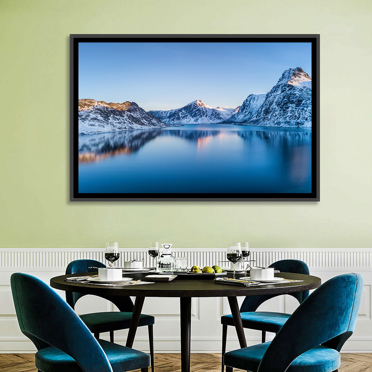Snowy Lofoten Reflection Wall Art in a room, landscape