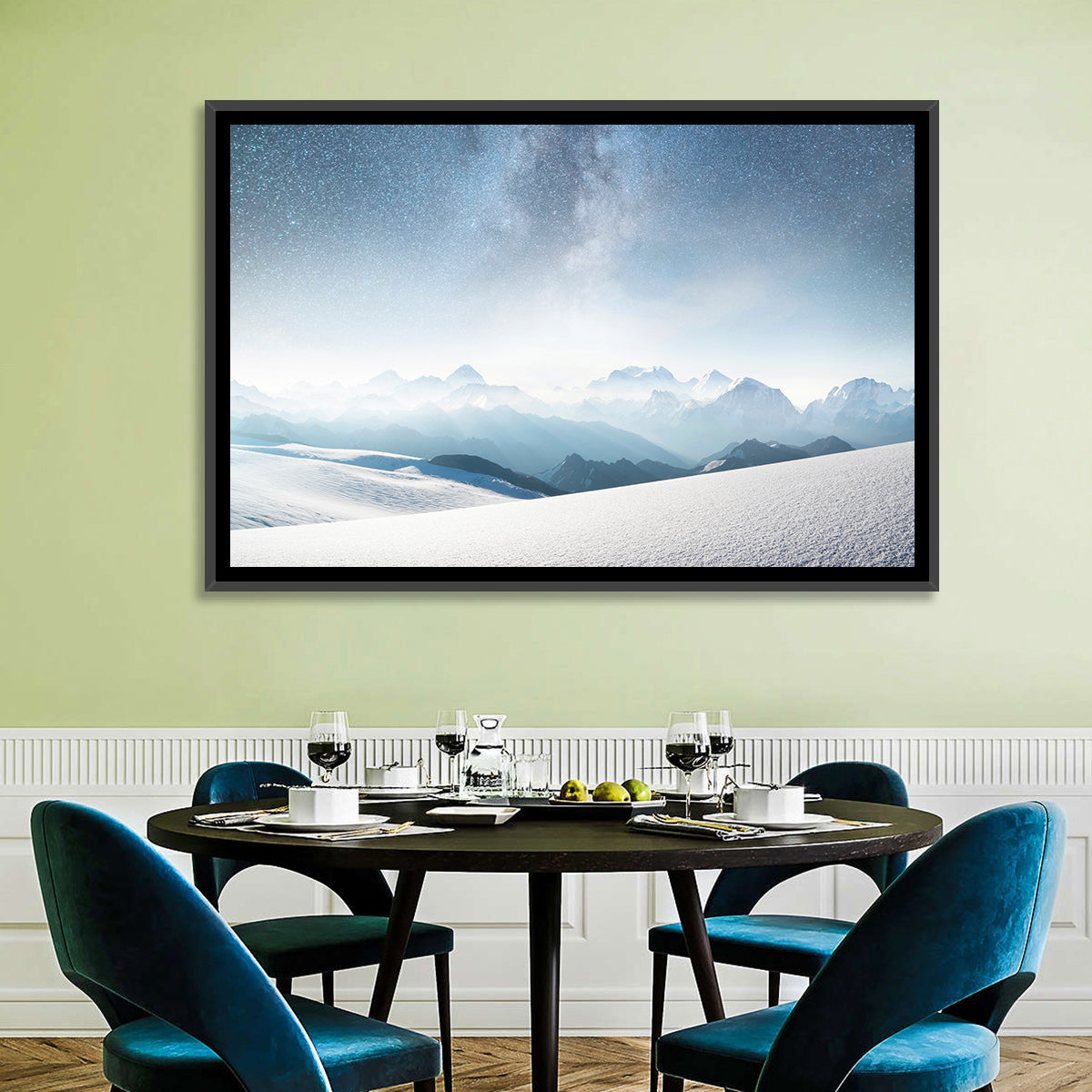 Starry Milky Way Over Snowy Peaks Wall Art in a room, landscape