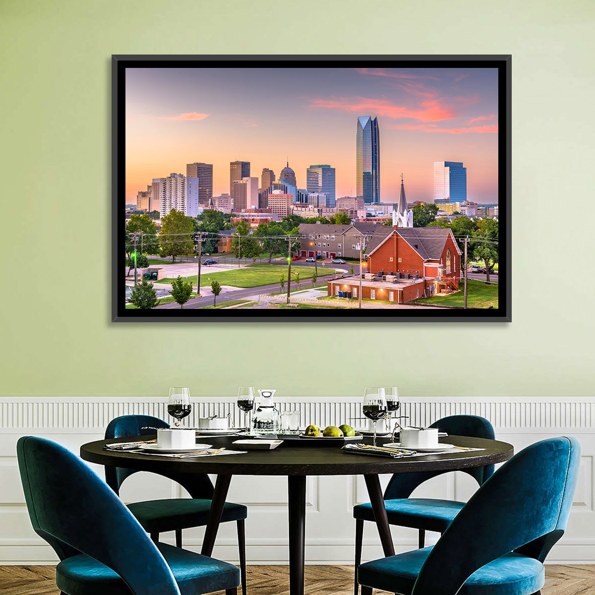 Oklahoma City Golden Hour Skyline Wall Art in a room, landscape