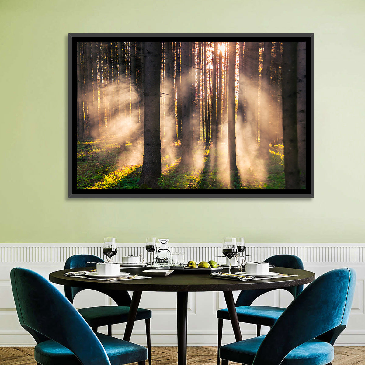 Sunrise Through Misty Forest Wall Art in a room, landscape