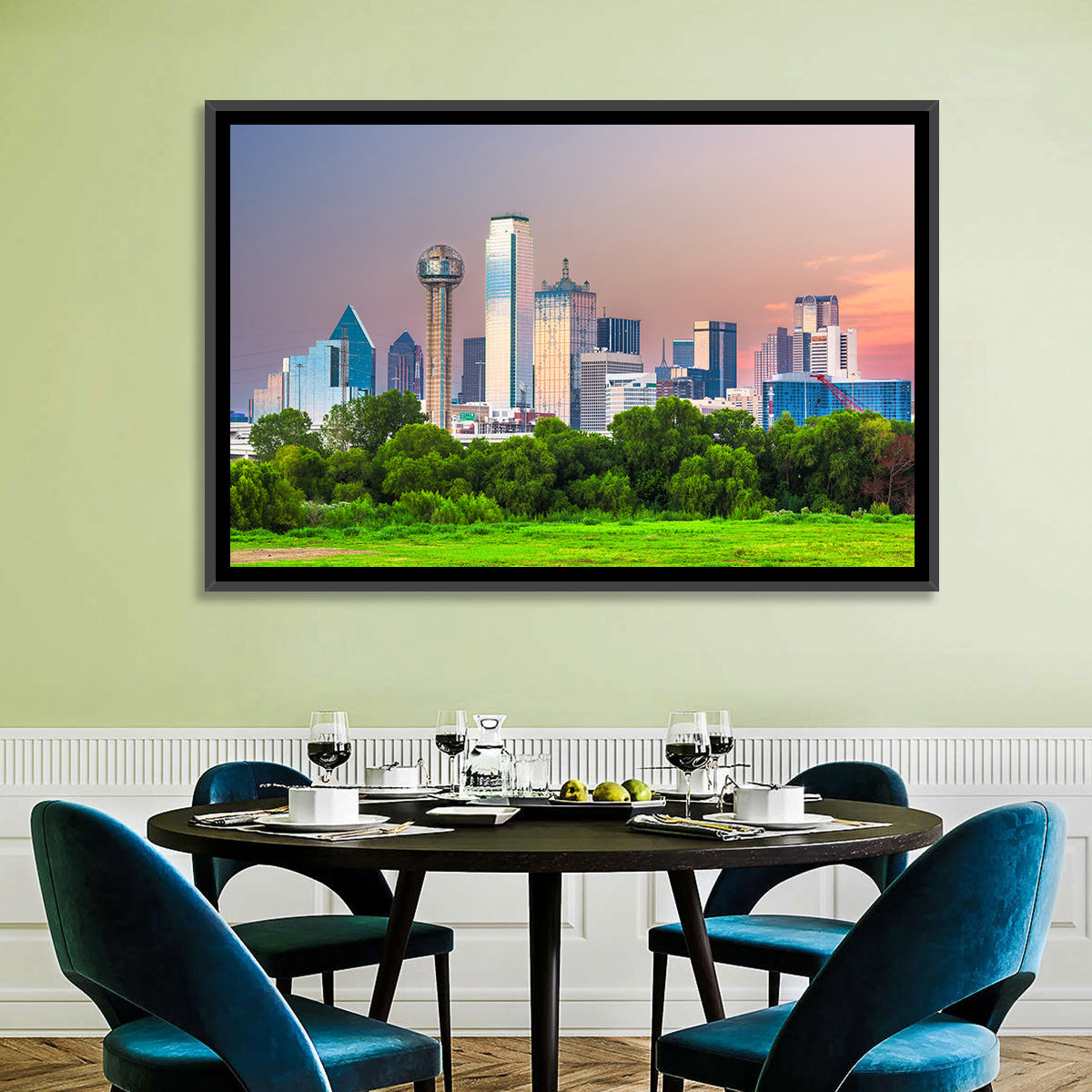 Dallas Golden Hour Skyline Wall Art in a room, landscape