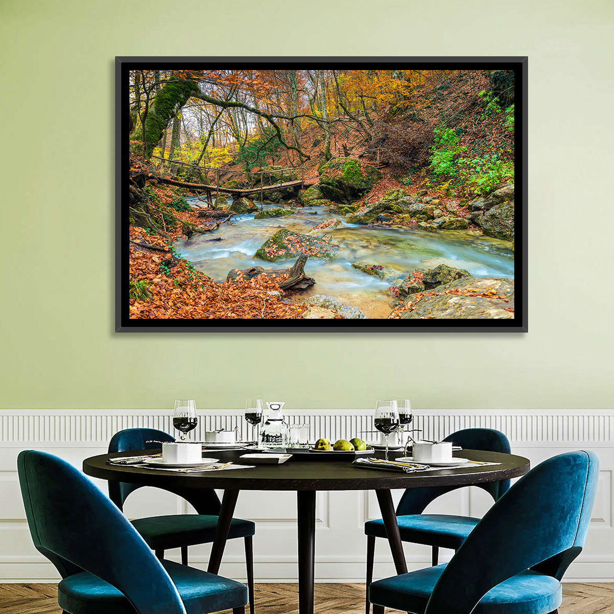 Mossy Footbridge in Autumn Forest Wall Art in a room, landscape