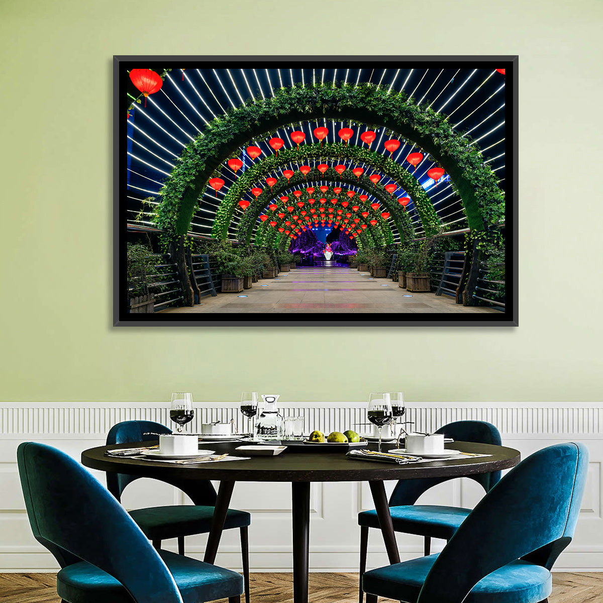 Red Lantern Trellis Tunnel Wall Art in a room, landscape