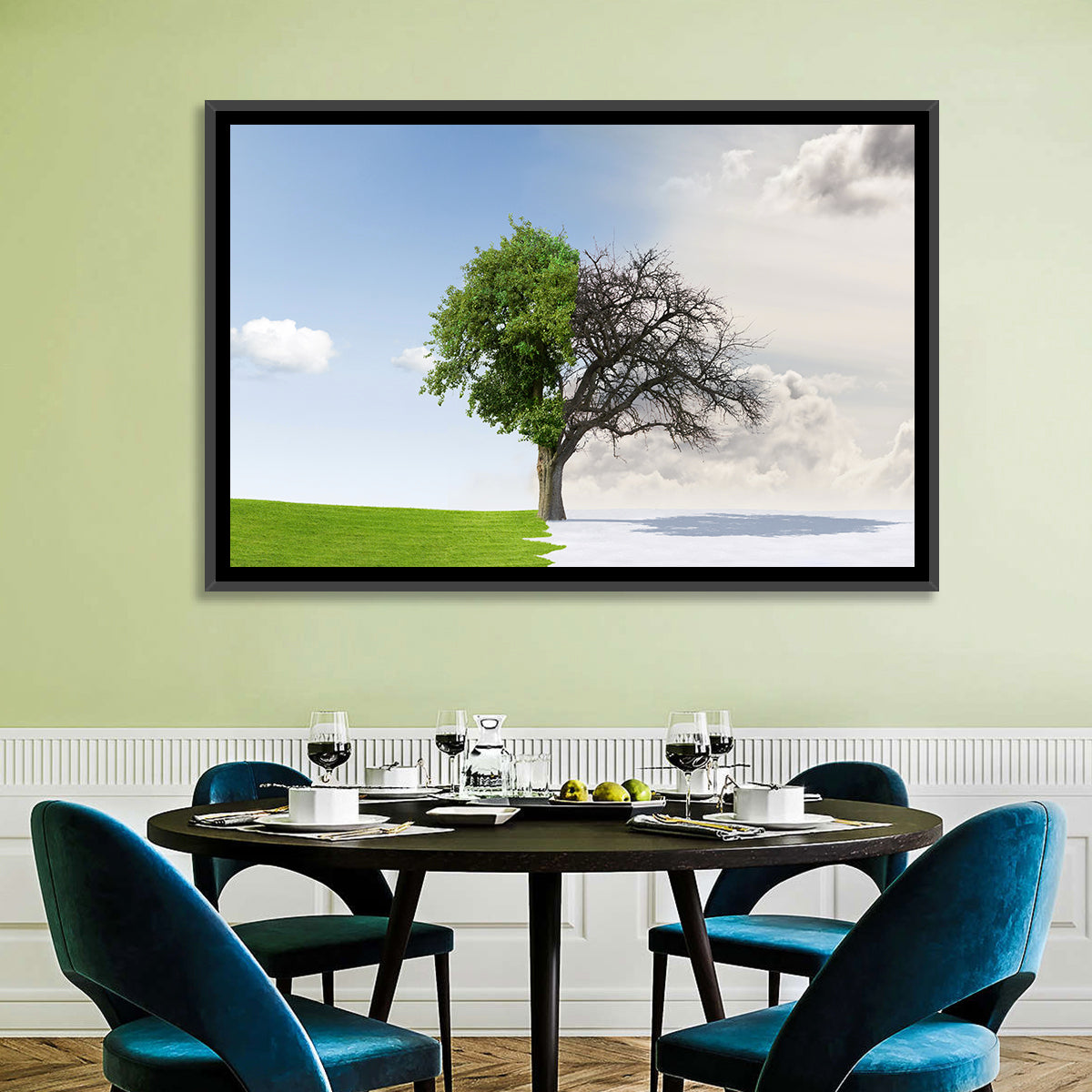 Summer to Winter Split Tree Wall Art in a room, landscape