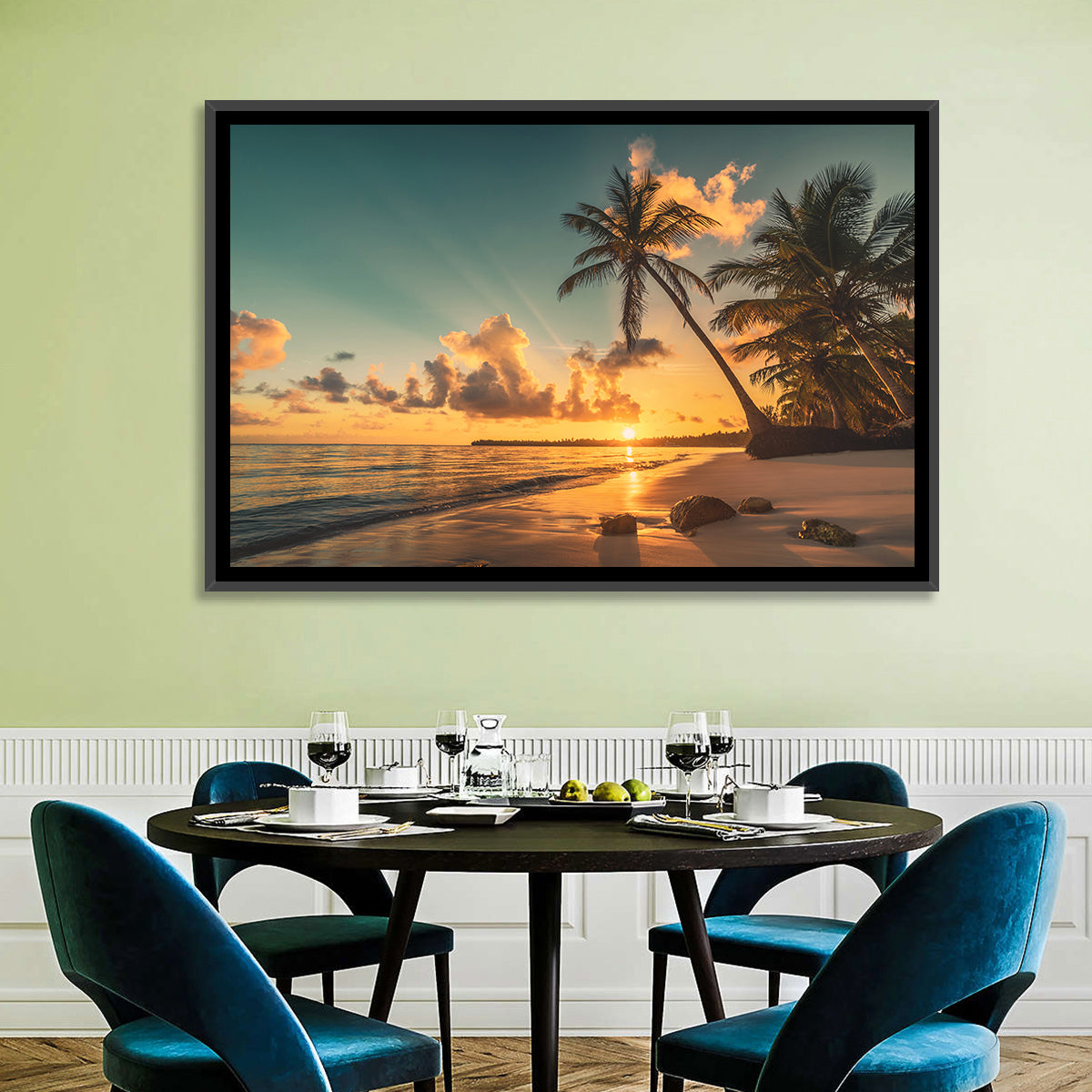 Golden Hour Palm Beach Sunset Wall Art in a room, landscape