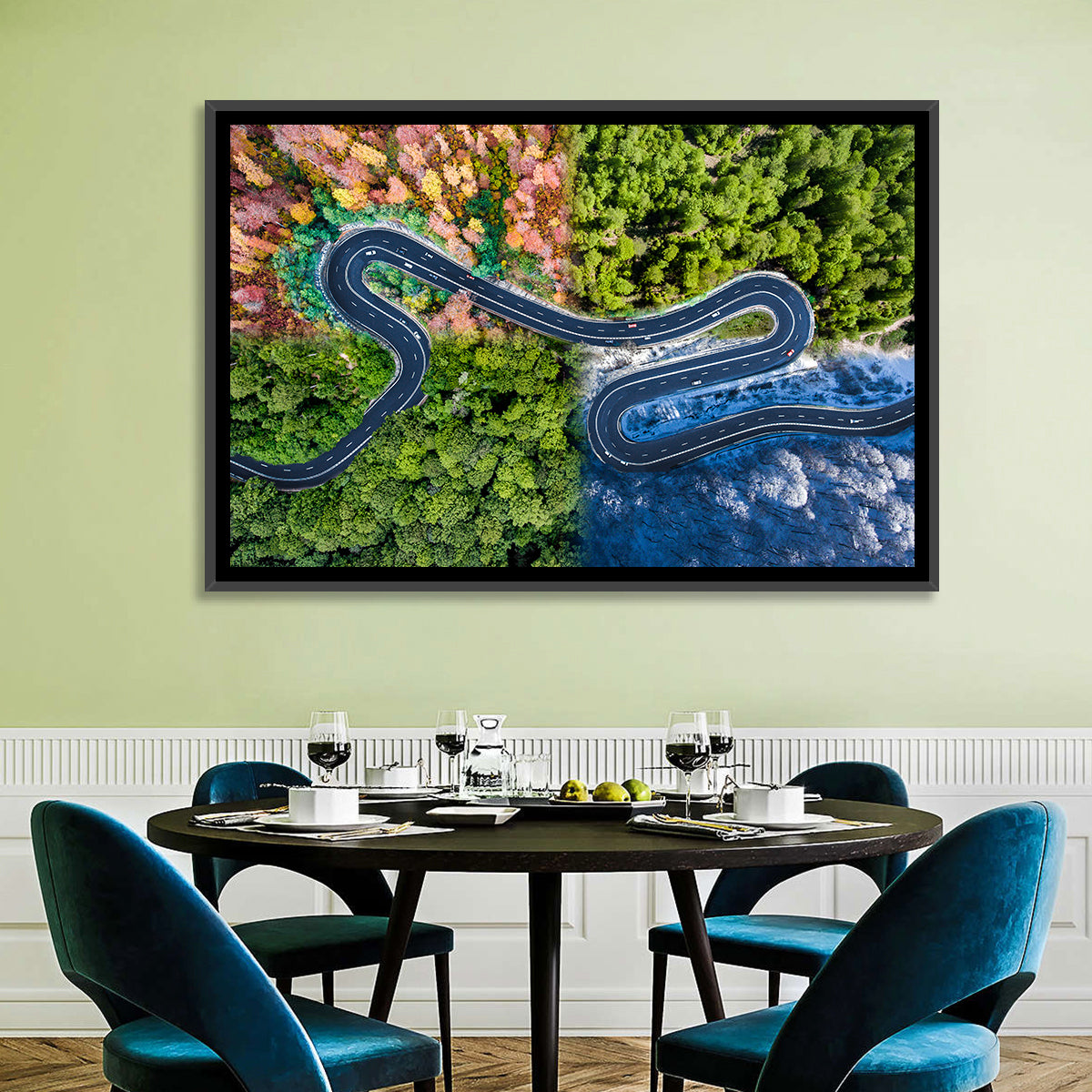 Four Seasons Winding Road Wall Art in a room, landscape