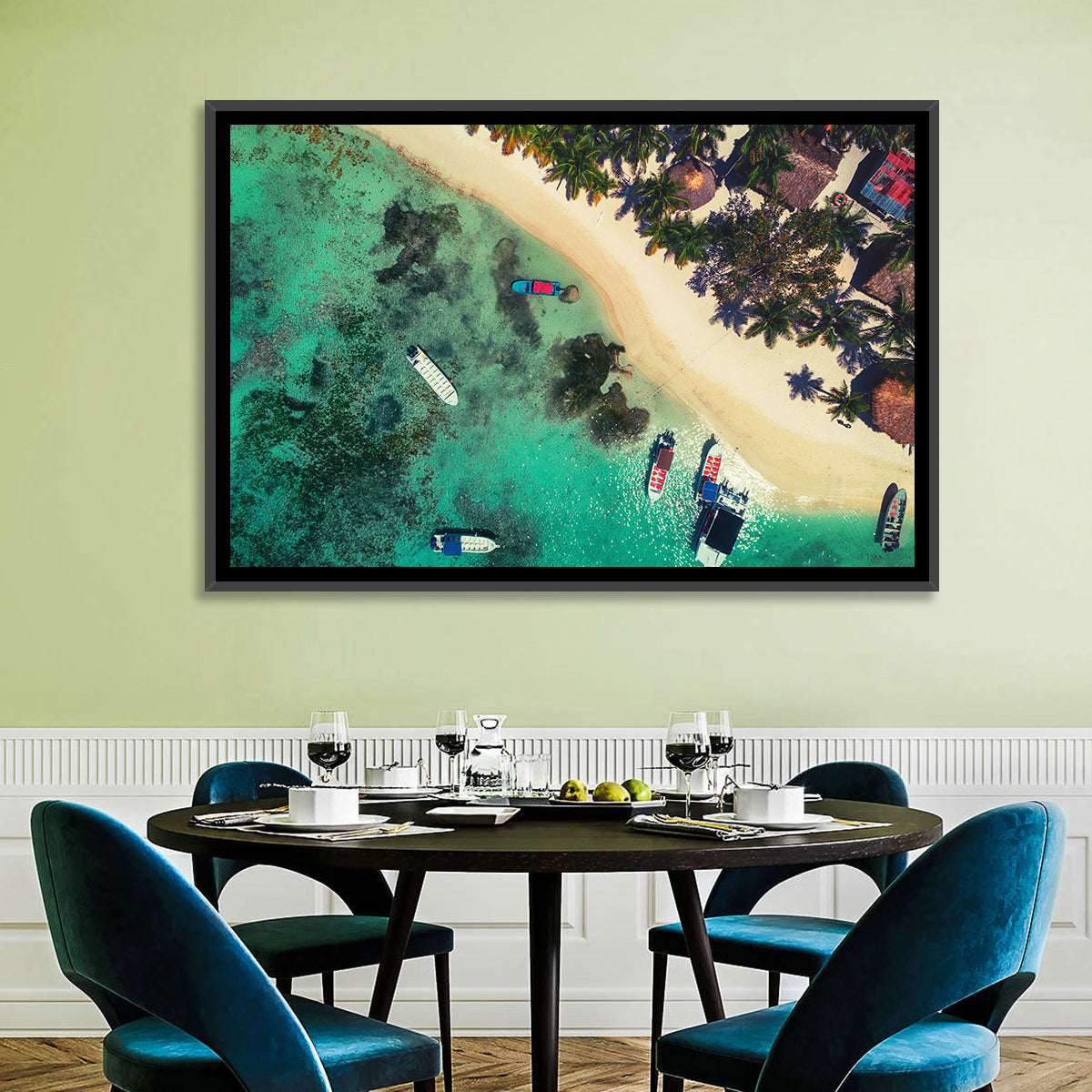 Aerial Tropical Shoreline with Six Boats Wall Art