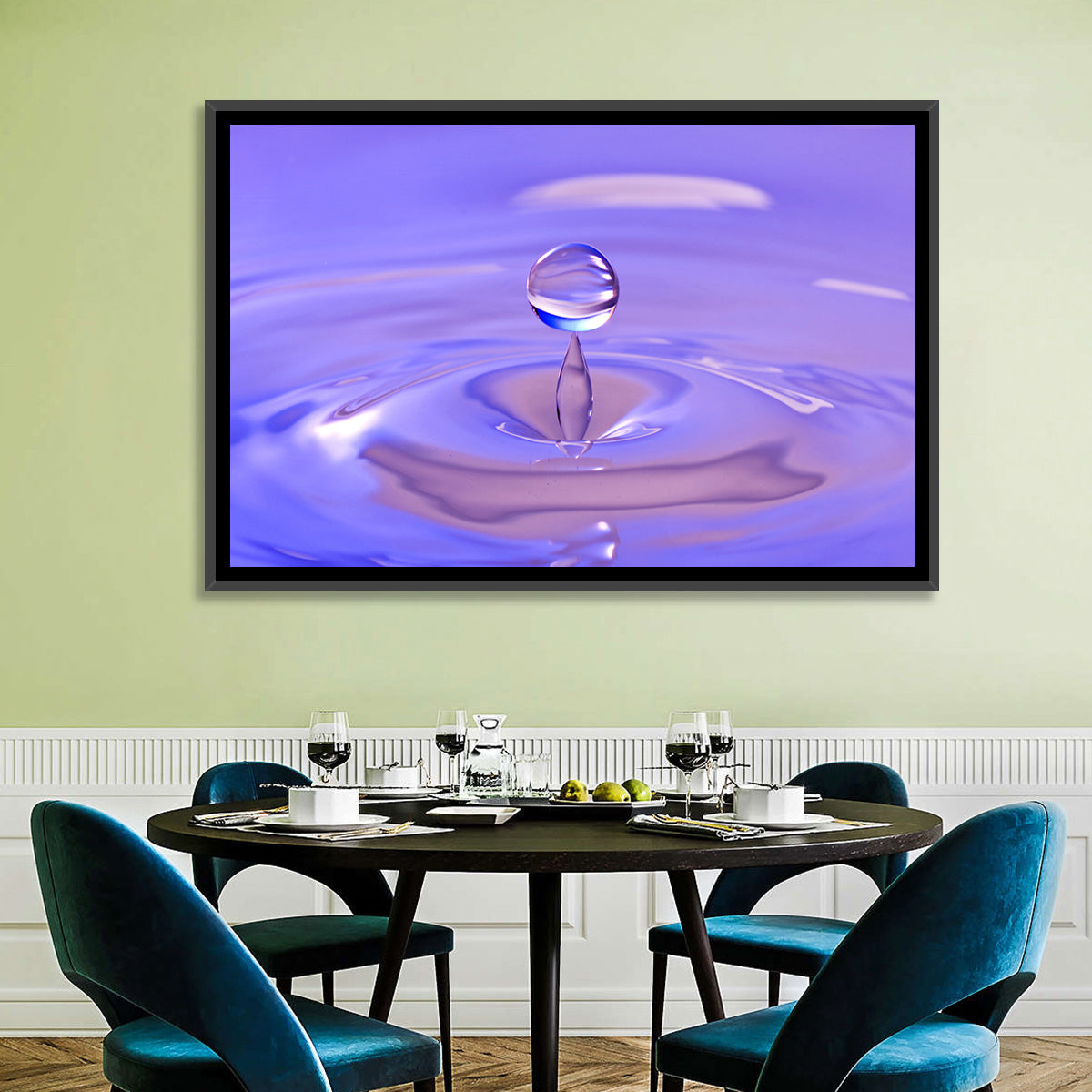 Purple Water Droplet Splash Wall Art in a room, landscape