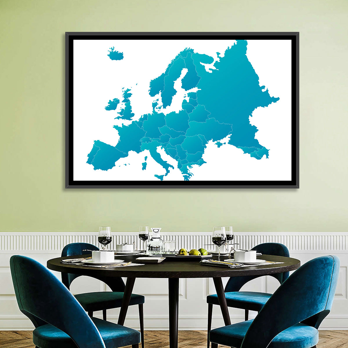 Teal Gradient Europe Map Wall Art in a room, landscape