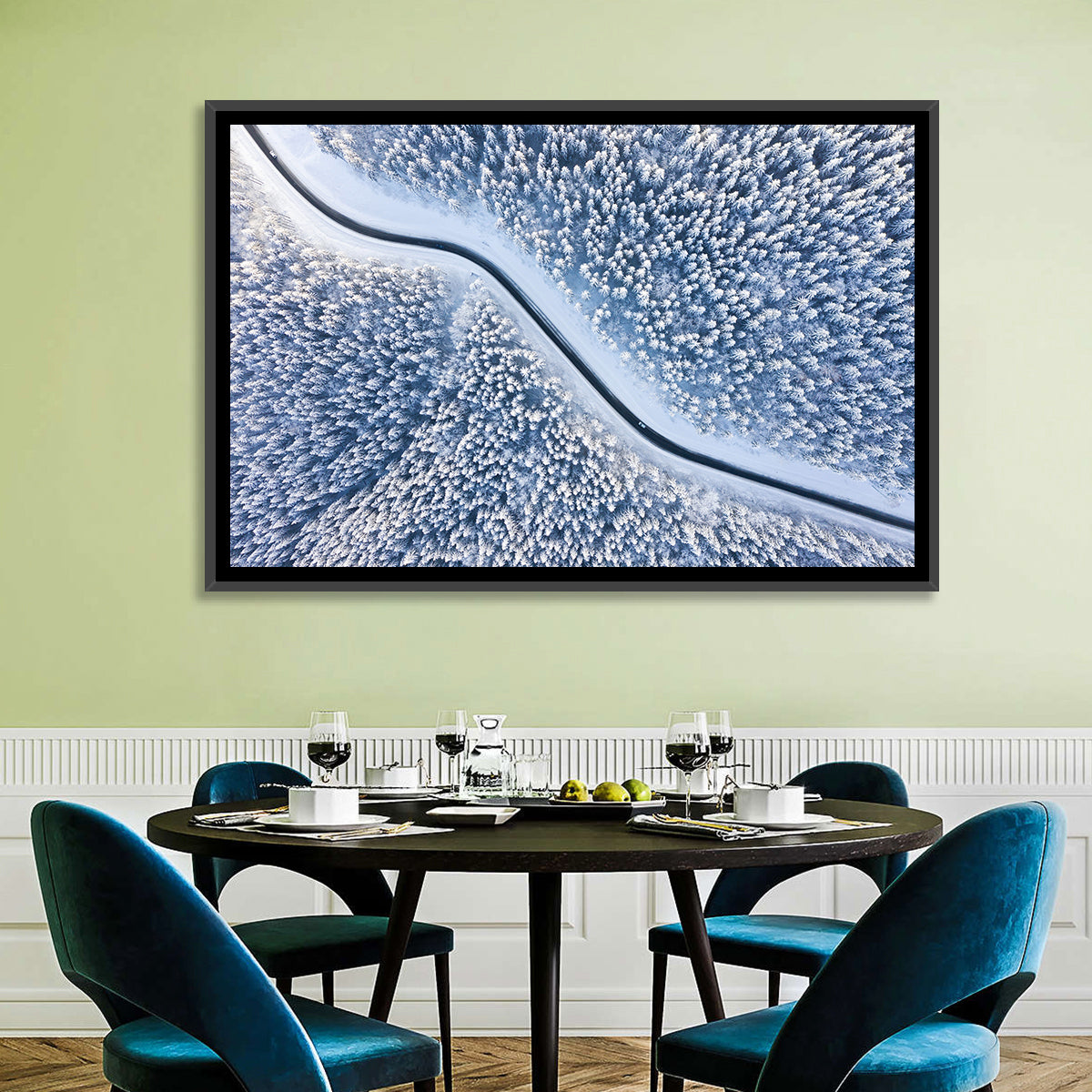 Winding Snowy Forest Road Wall Art in a room, landscape