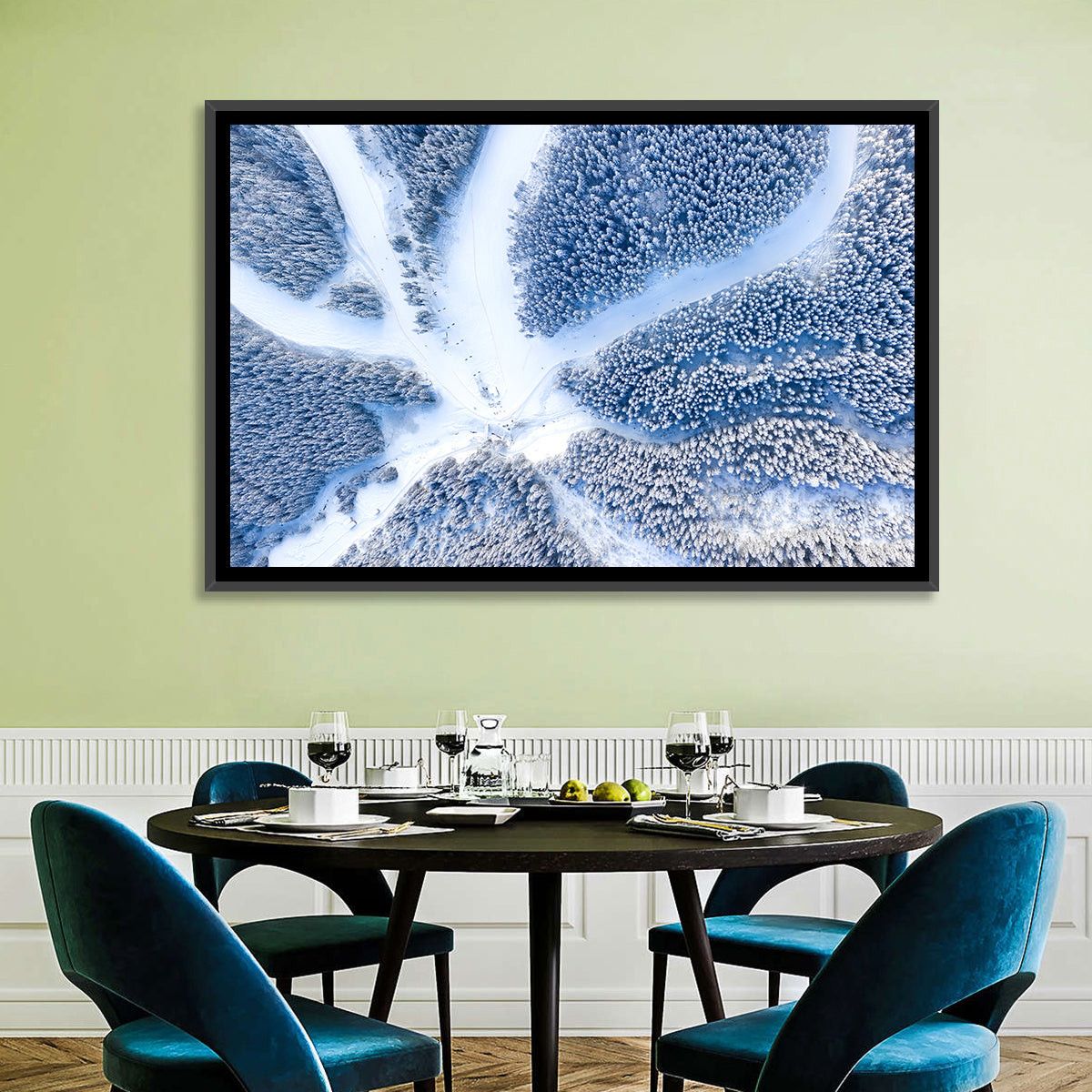 Birds-eye Ski Resort Landscape Wall Art in a room, landscape