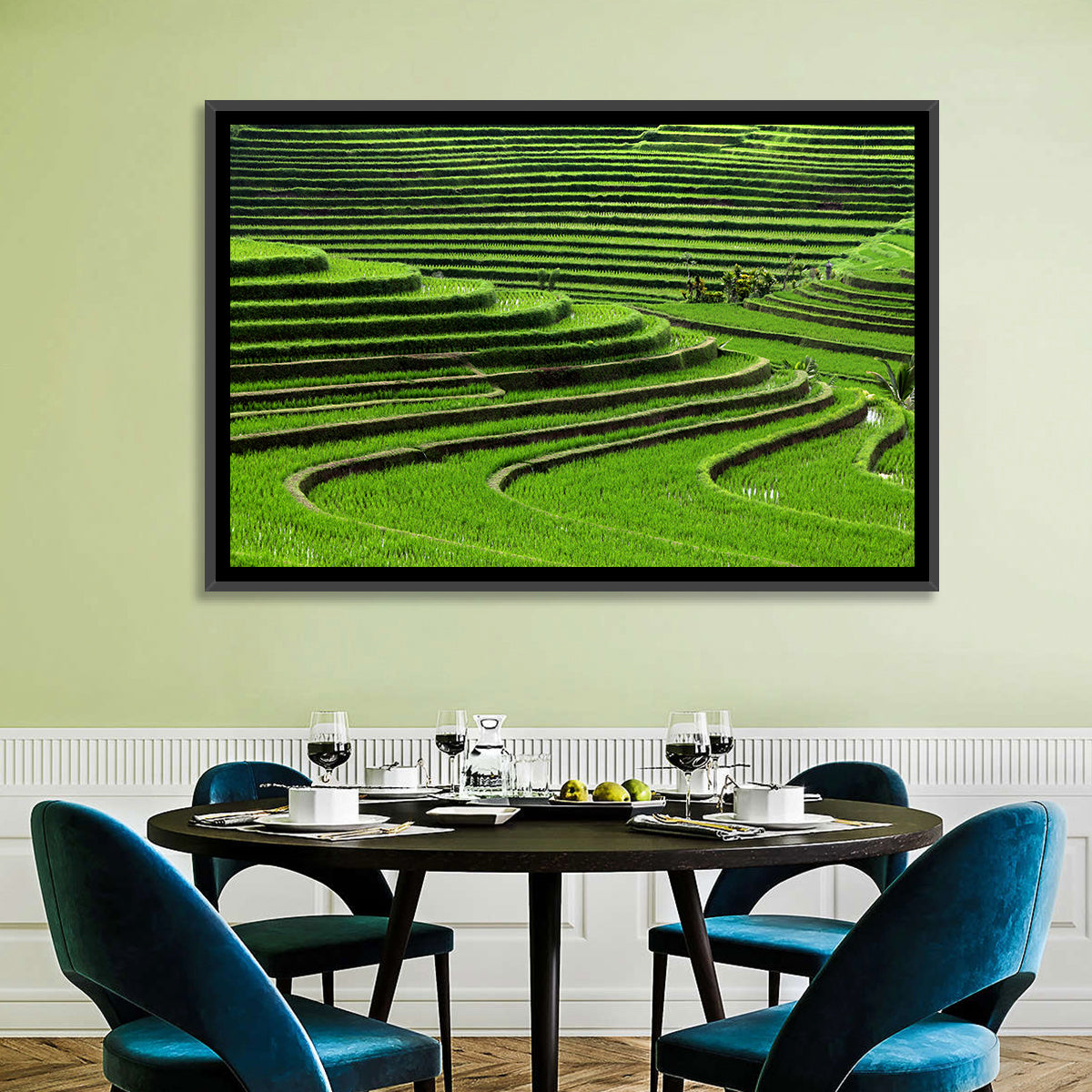 Lush Rice Terraces Wall Art in a room, landscape
