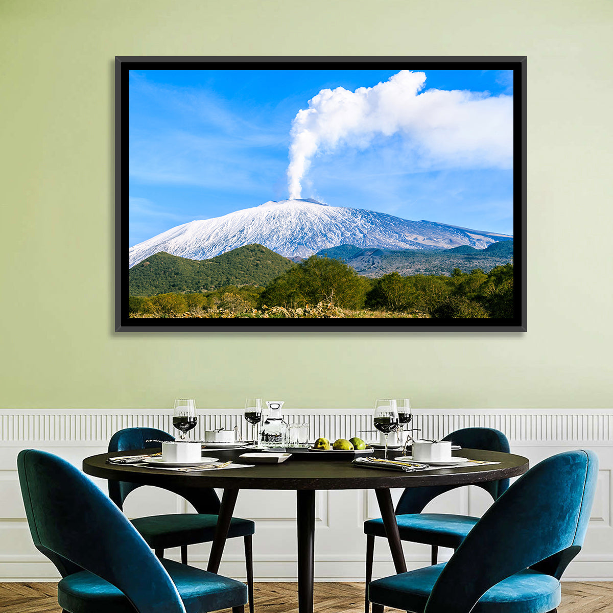 Snow-capped Mount Etna with Volcanic Plume Wall Art in a room, landscape