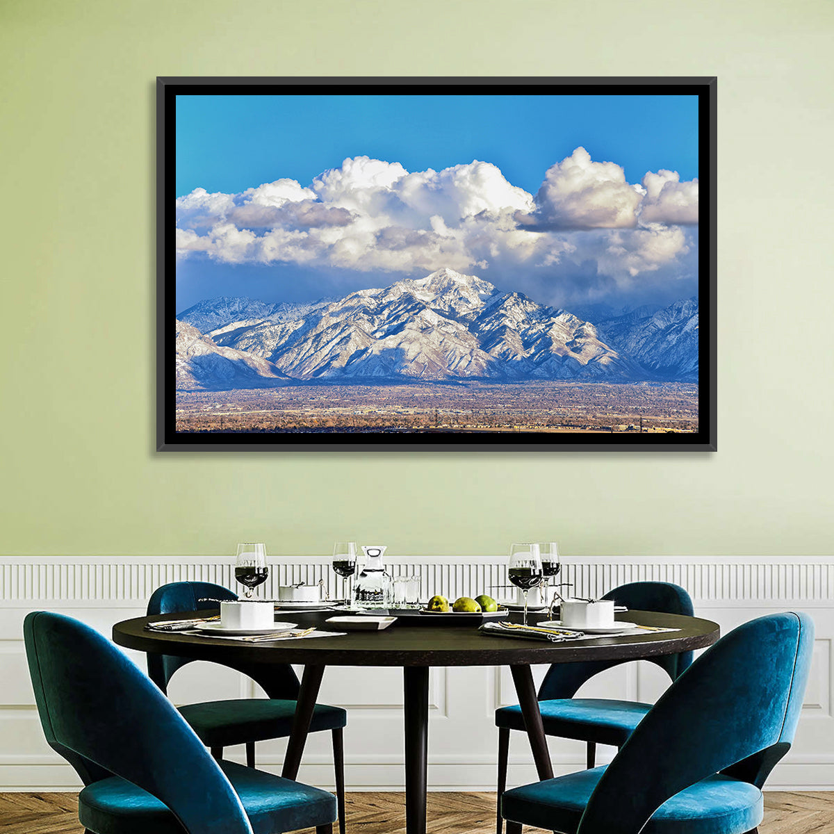 Wasatch Snow Capped Peaks Wall Art in a room, landscape