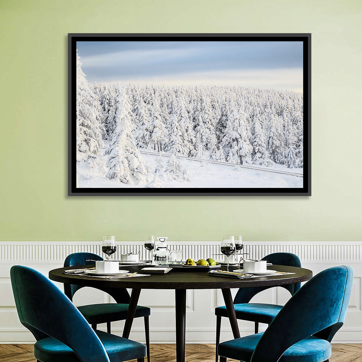 Snowy Forest Railway Tracks Wall Art in a room, landscape