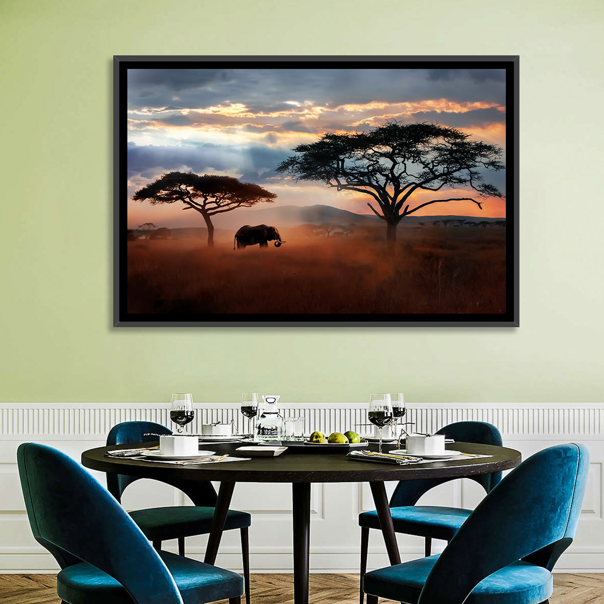 Savanna Elephant at Sunset Wall Art in a room, landscape
