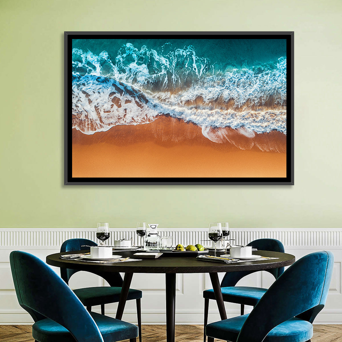 Aerial Beach Waves Wall Art in a room, landscape