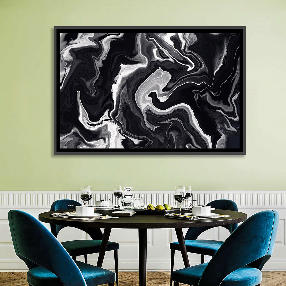 Flowing Black Marble Abstract Wall Art in a room, landscape