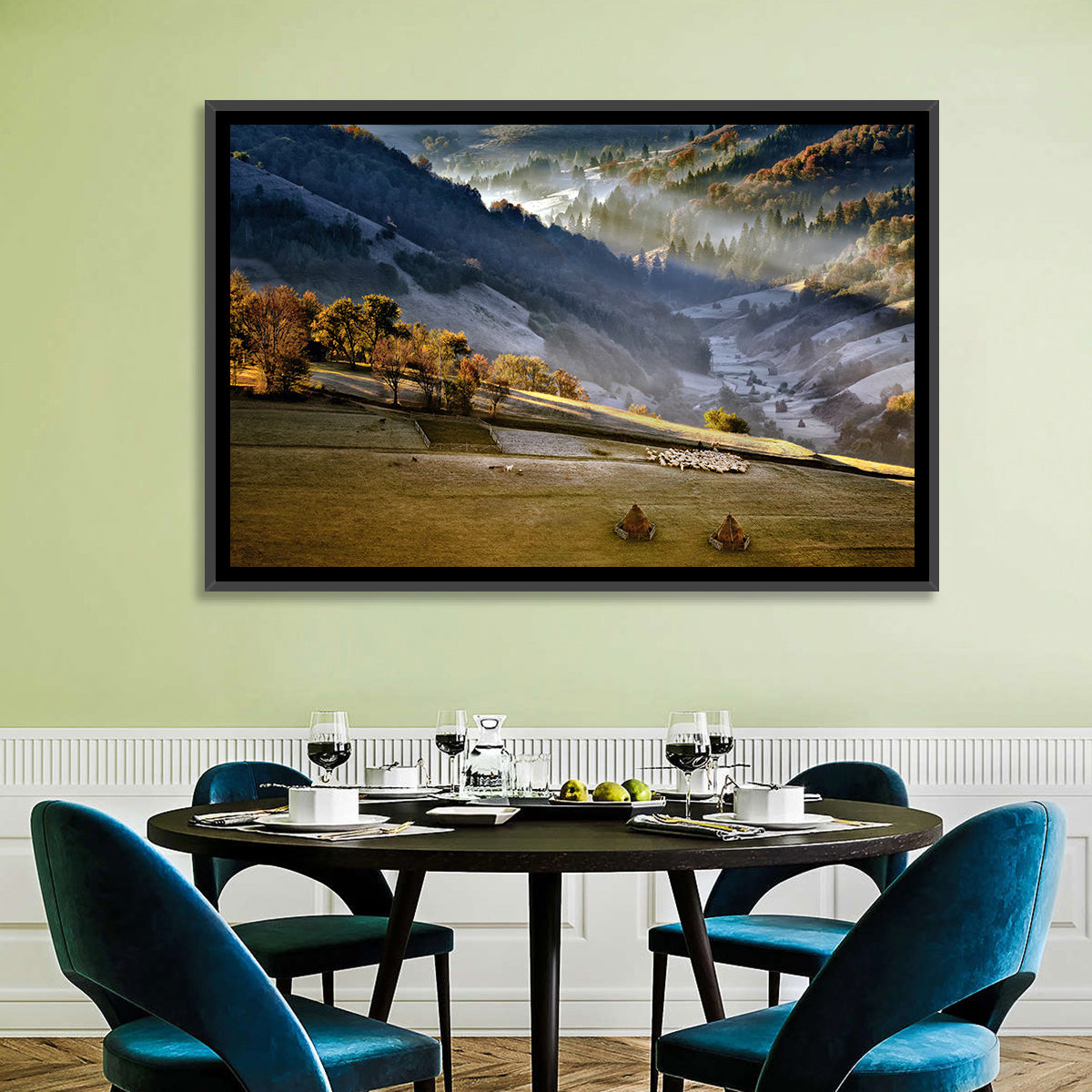 Mountain Village in Morning Mist Wall Art in a room, landscape