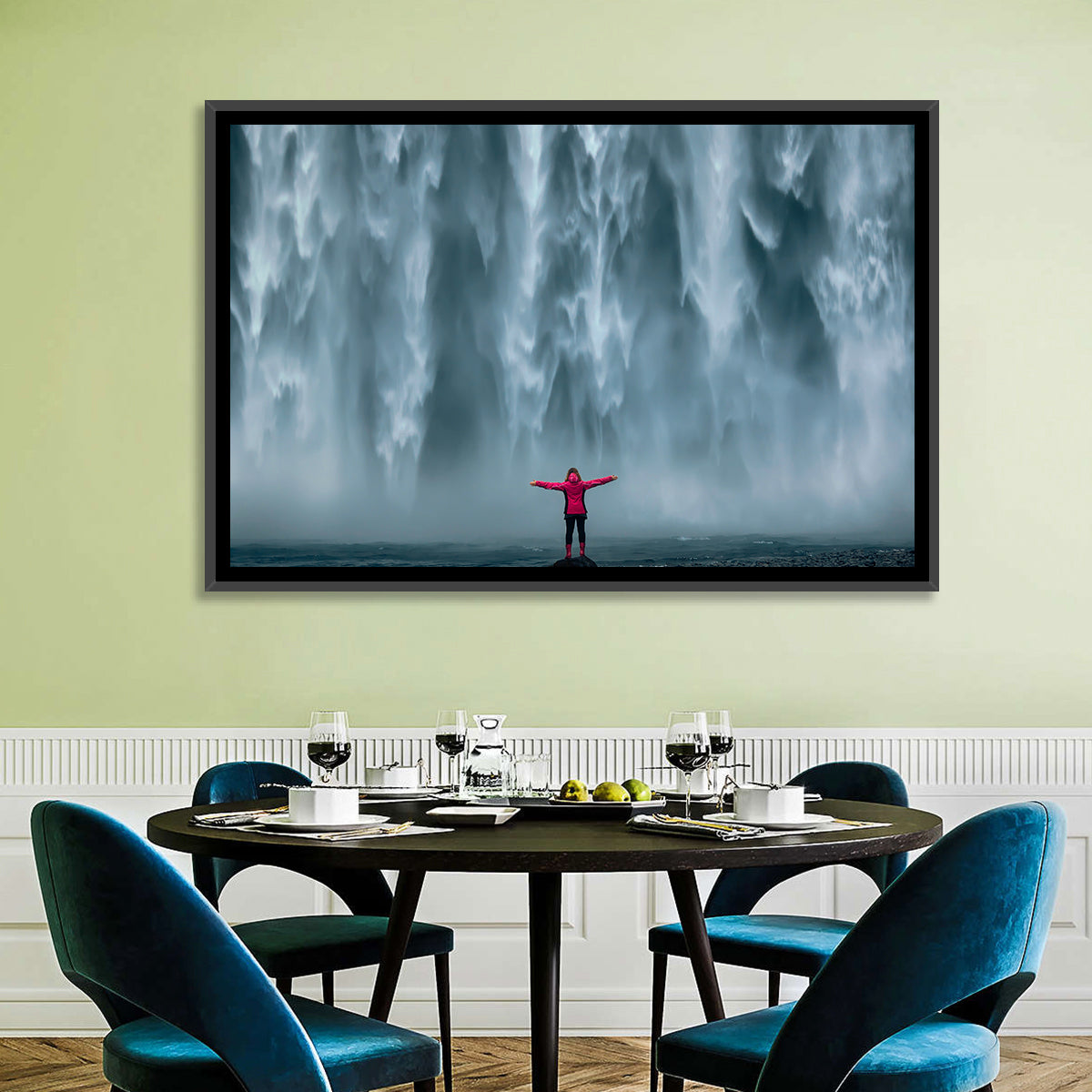 Skogafoss Waterfall with Figure in Pink Wall Art in a room, landscape