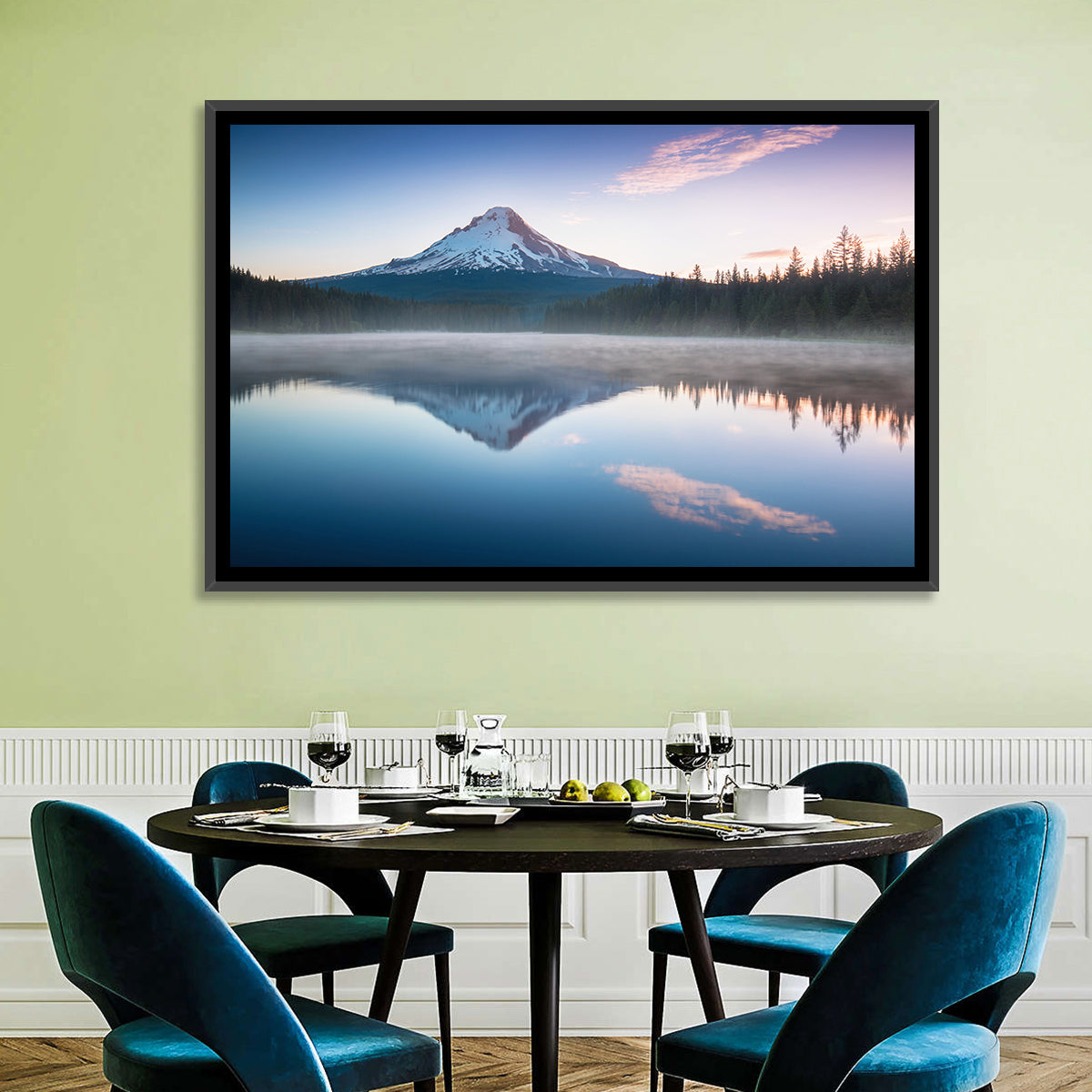 Mount Hood Reflection at Trillium Lake Wall Art in a room, landscape