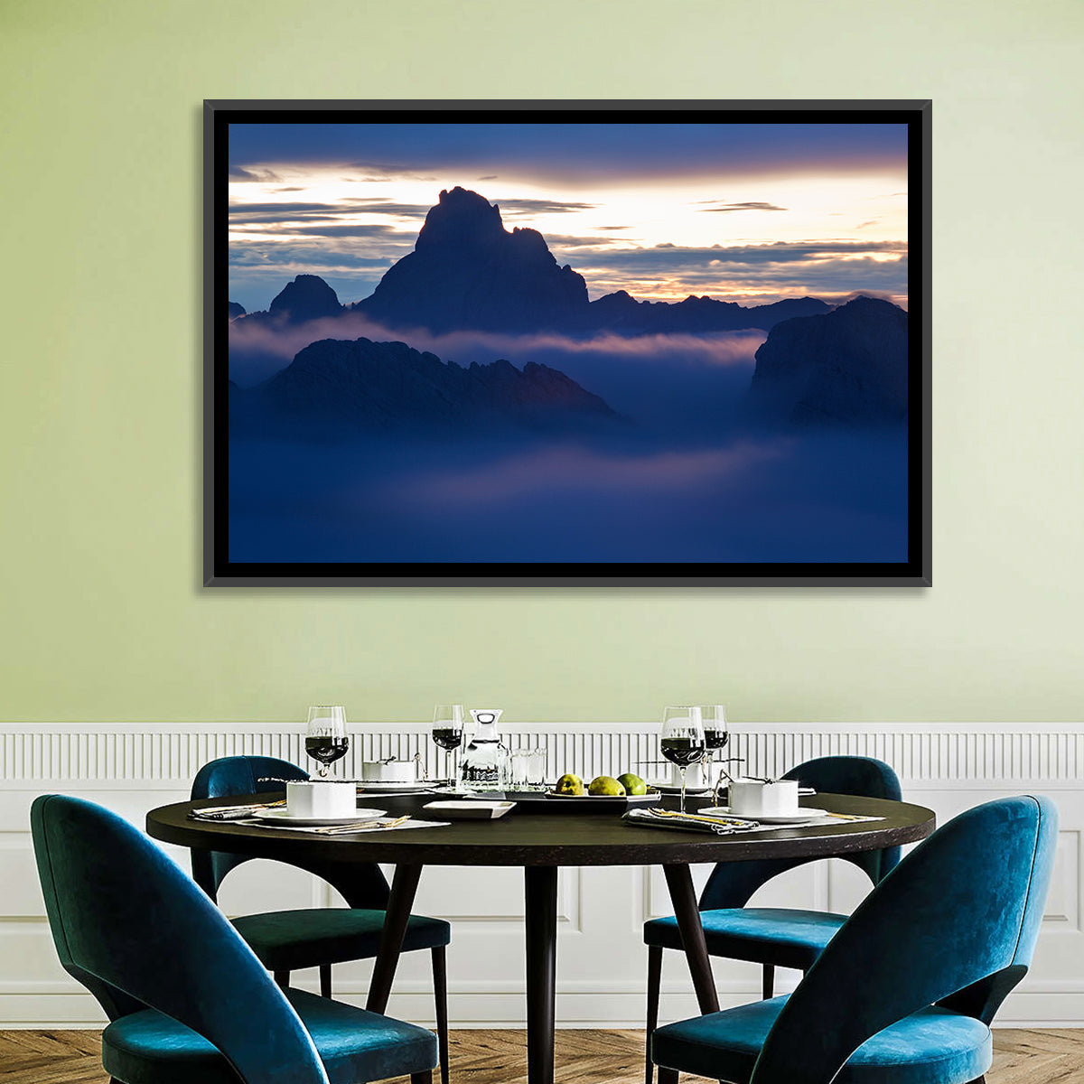 Dolomites Sunrise Silhouette Wall Art in a room, landscape