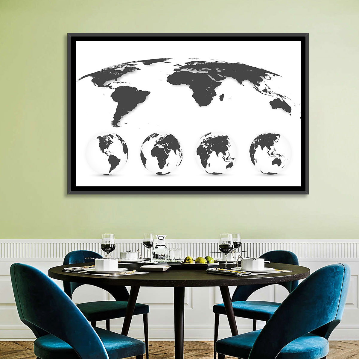 Stylized World Map and Globe Icons Wall Art in a room, landscape