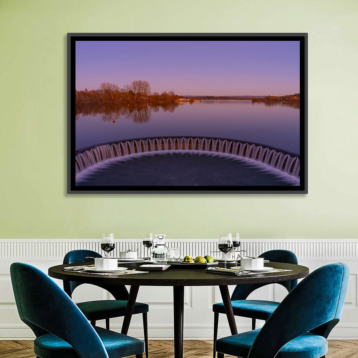 Circular Weir at Dusk Wall Art in a room, landscape