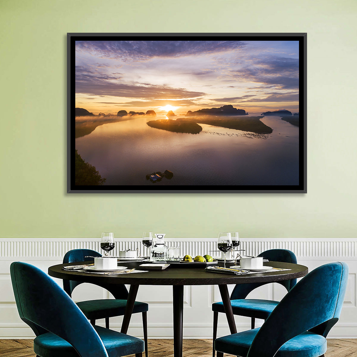 Phang Nga Bay Sunrise Wall Art in a room, landscape