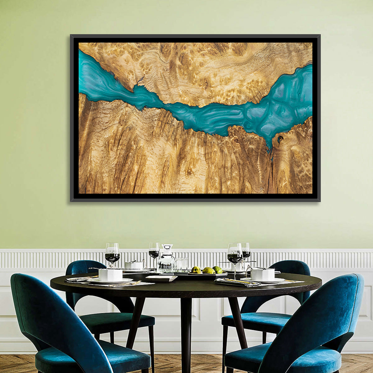 Burled Wood River with Teal Resin Wall Art