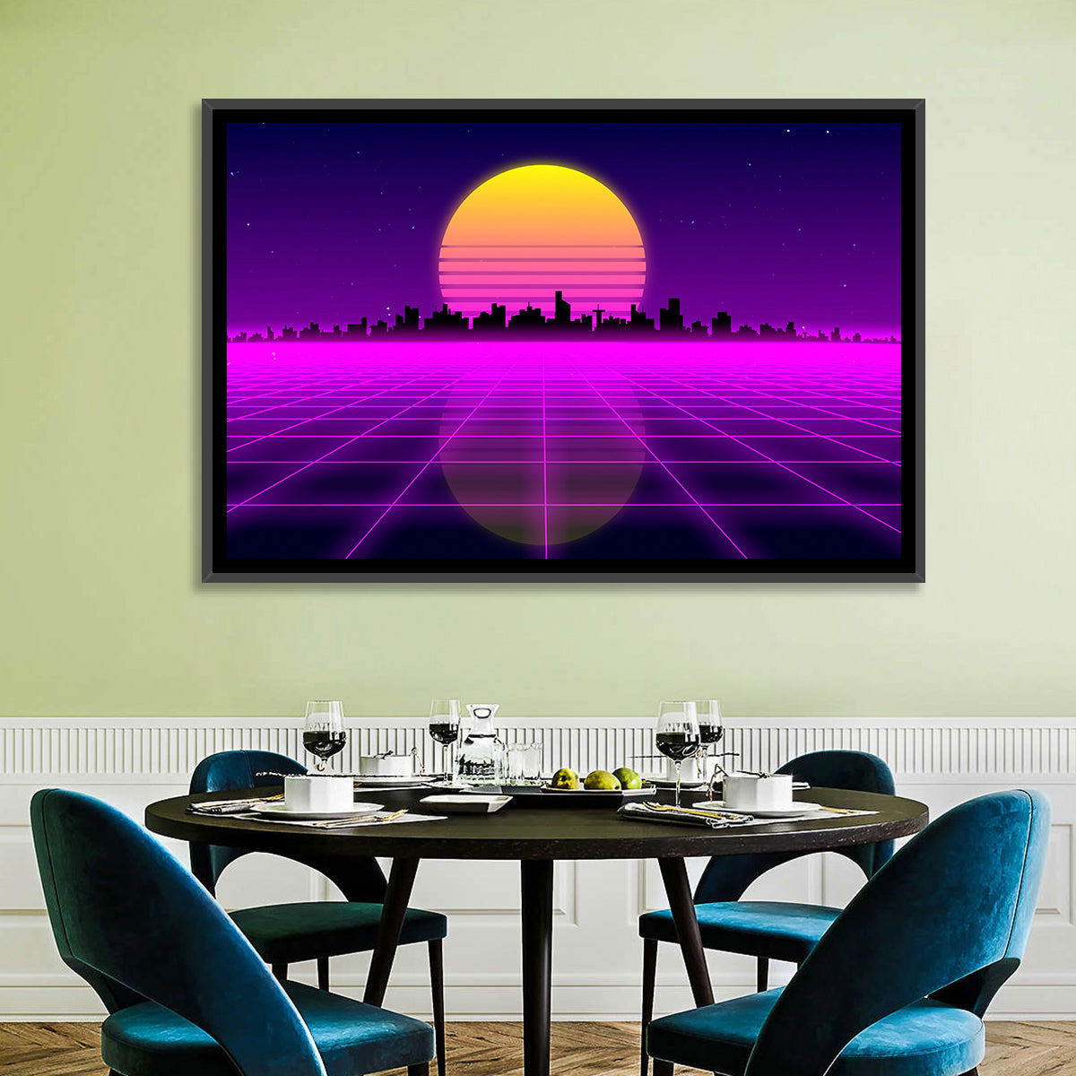 Neon Sunrise Skyline Wall Art in a room, landscape