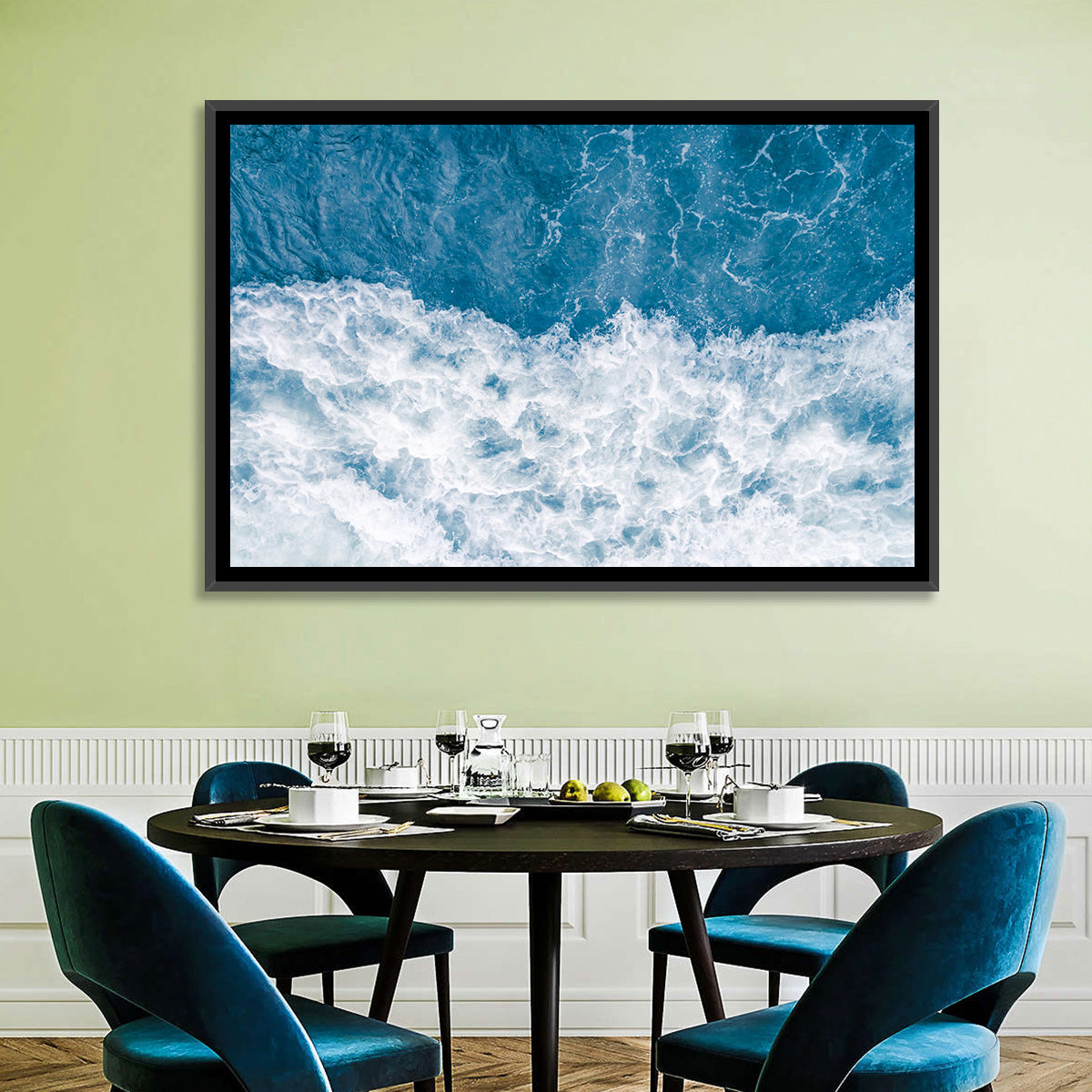 Stormy Blue Sea Wave Wall Art in a room, landscape