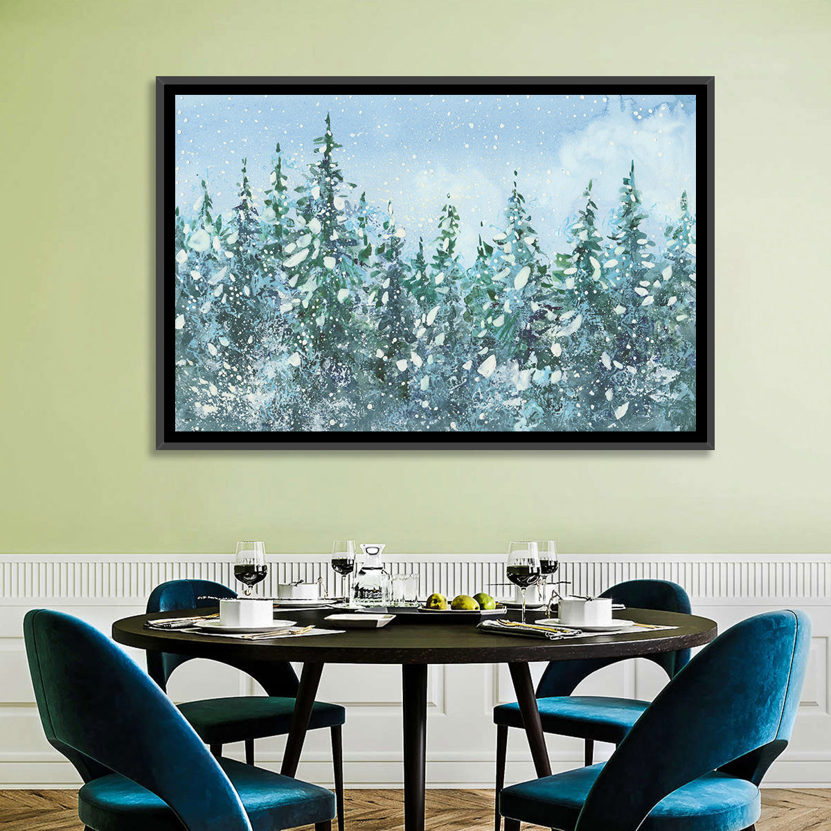 Snowy Spruce Forest Wall Art in a room, landscape