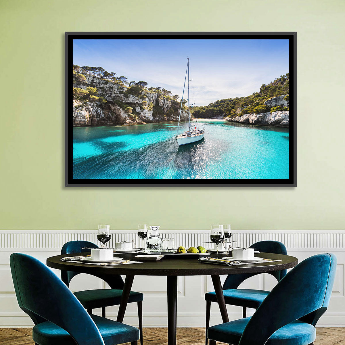 Menorca Cove Sailboat Wall Art in a room, landscape