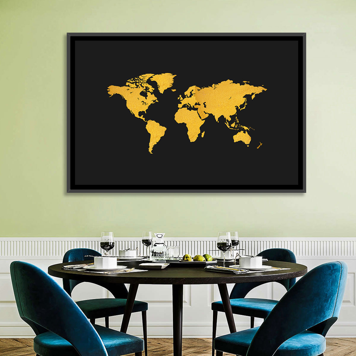 Gold Texture World Map Wall Art in a room, landscape