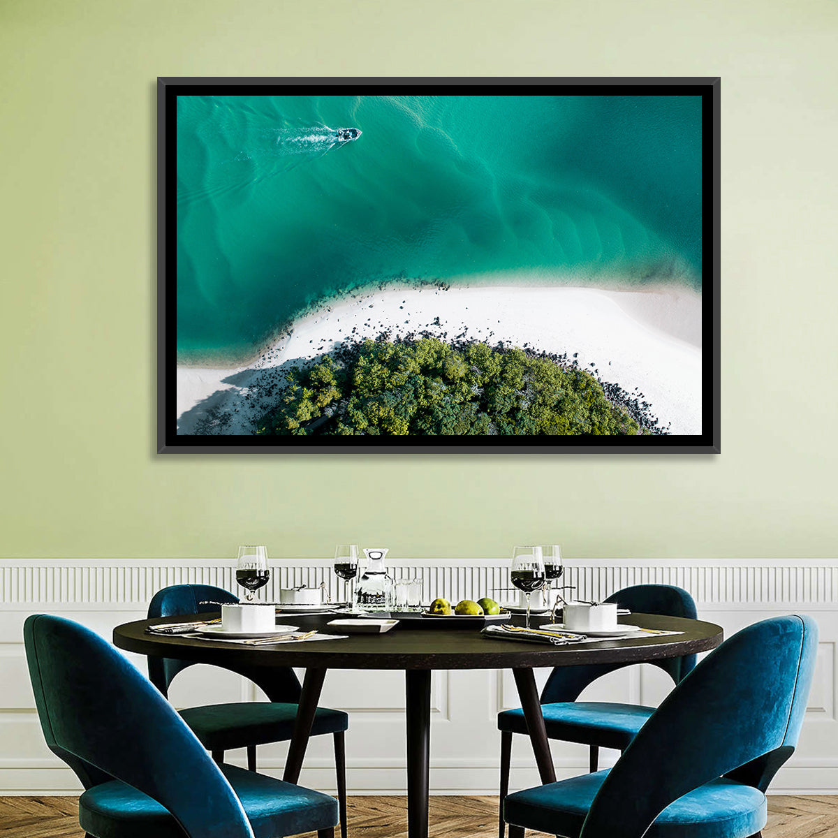 Clam Beach Aerial View Wall Art in a room, landscape