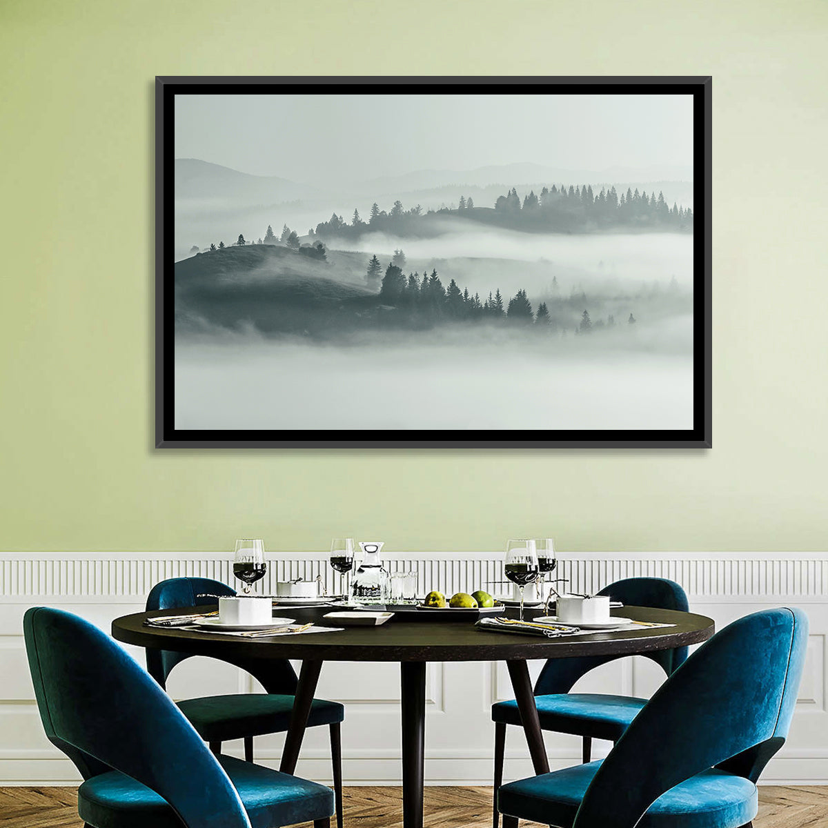 Carpathian Morning Mist Wall Art in a room, landscape
