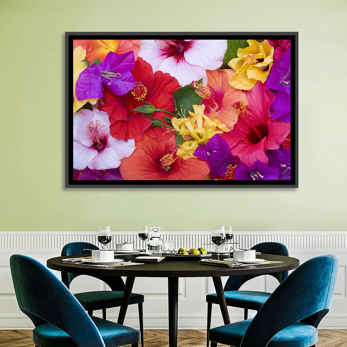 Tropical Bougainvillea and Hibiscus Bloom Wall Art in a room, landscape