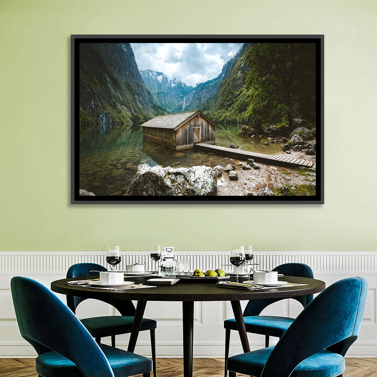 Cabin on Lake Obersee Wall Art in a room, landscape