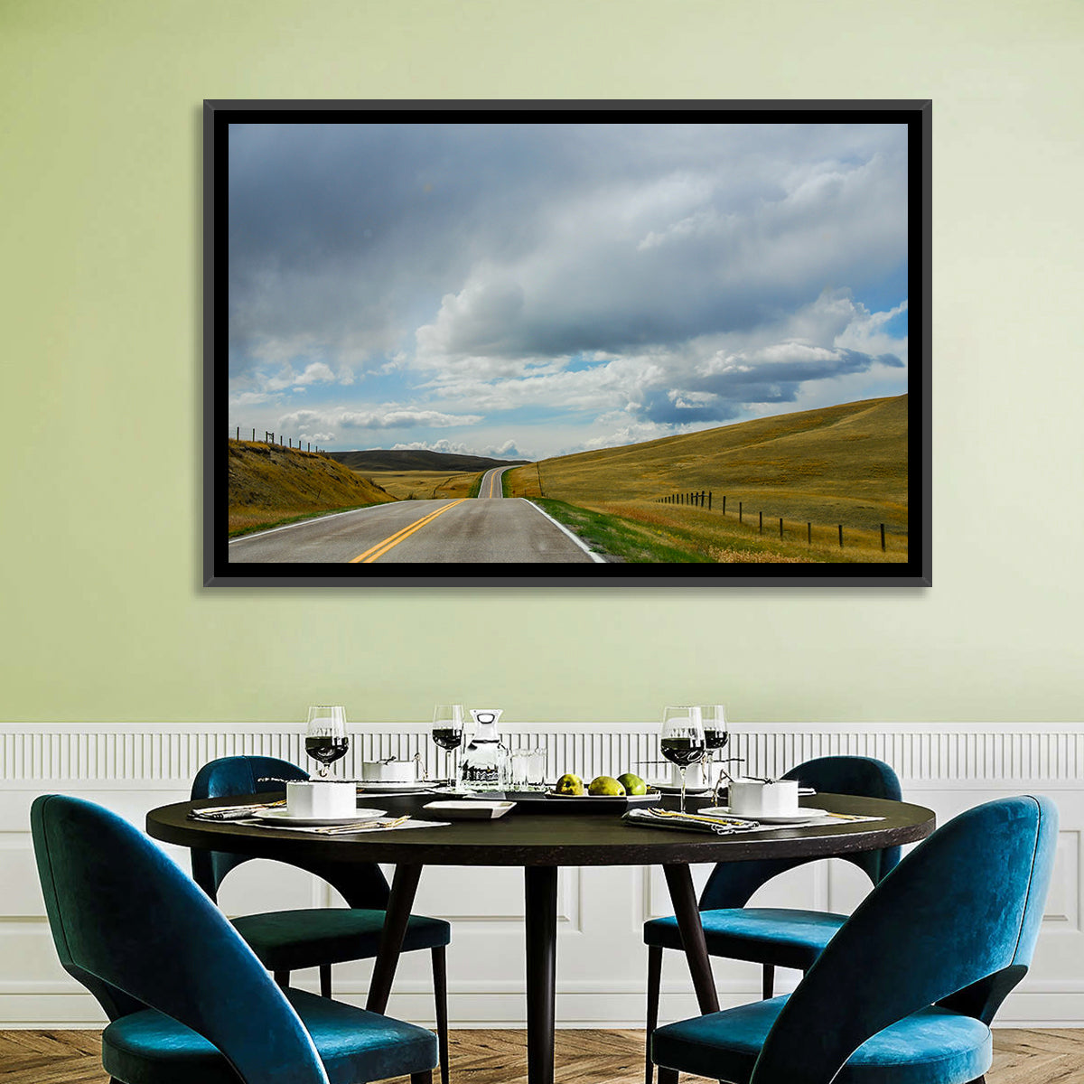 Montana Road Through Golden Hills Wall Art in a room, landscape