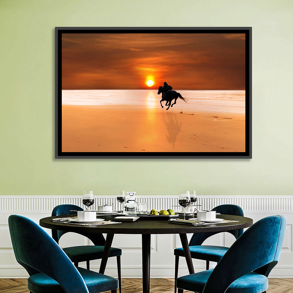Horse and Rider at Sunset Wall Art in a room, landscape