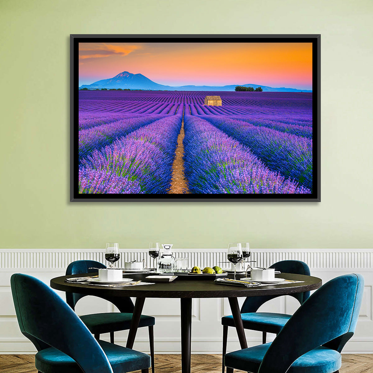 Valensole Lavender Fields at Sunset Wall Art in a room, landscape