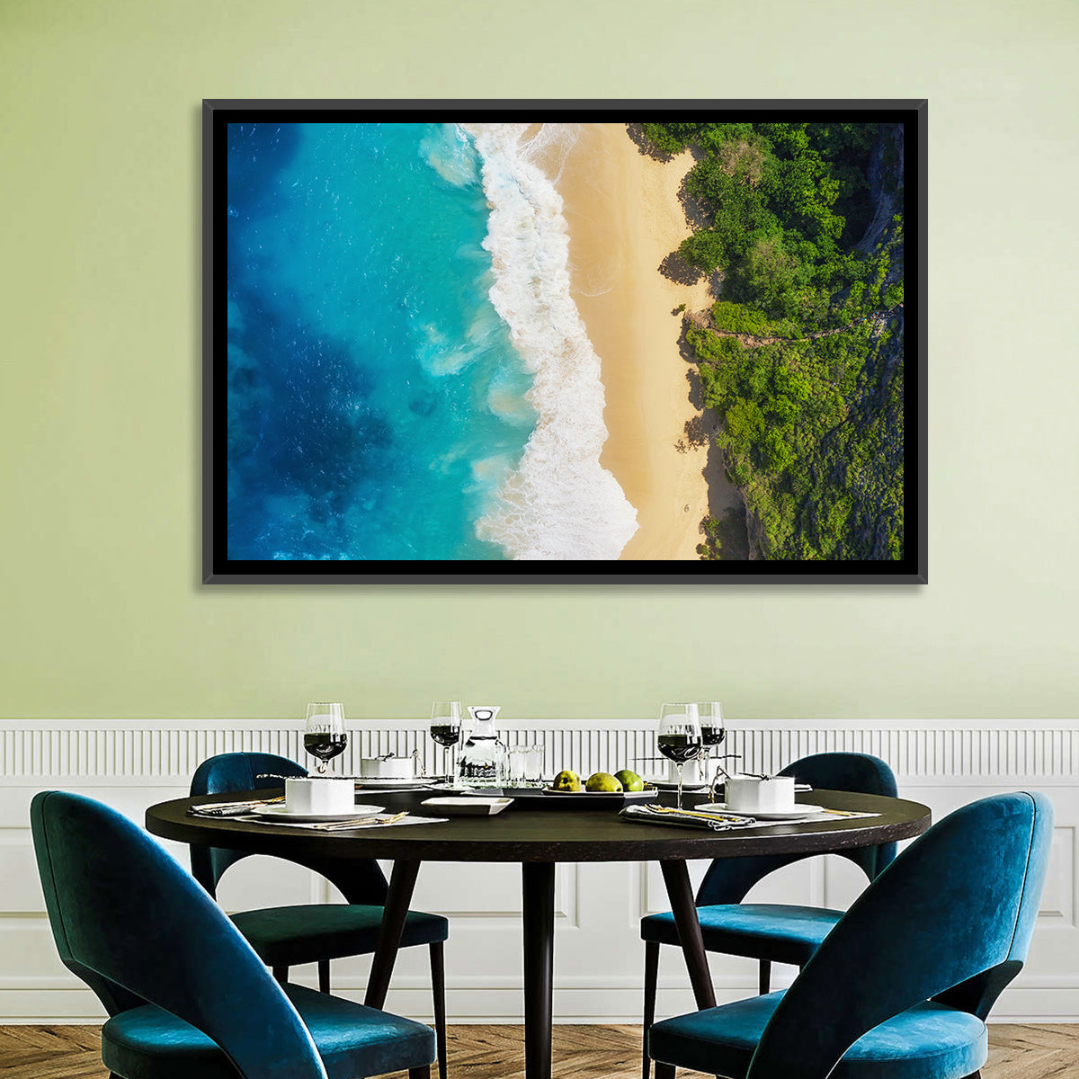 Aerial Turquoise Beach View Wall Art in a room, landscape
