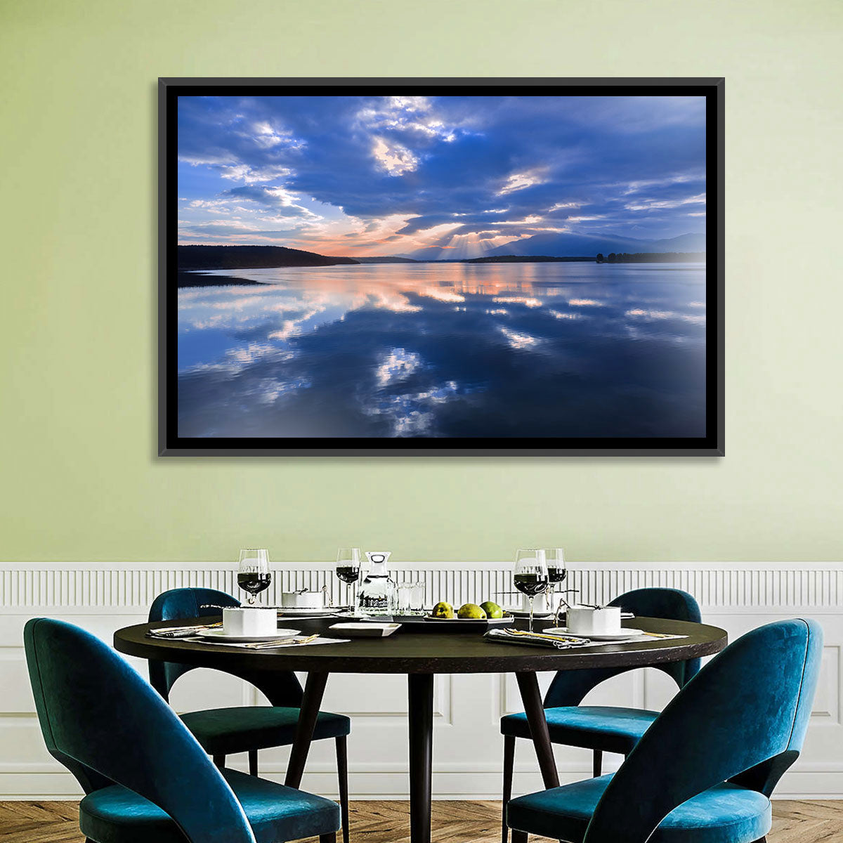 Cloudy Summer Lake Wall Art in a room, landscape
