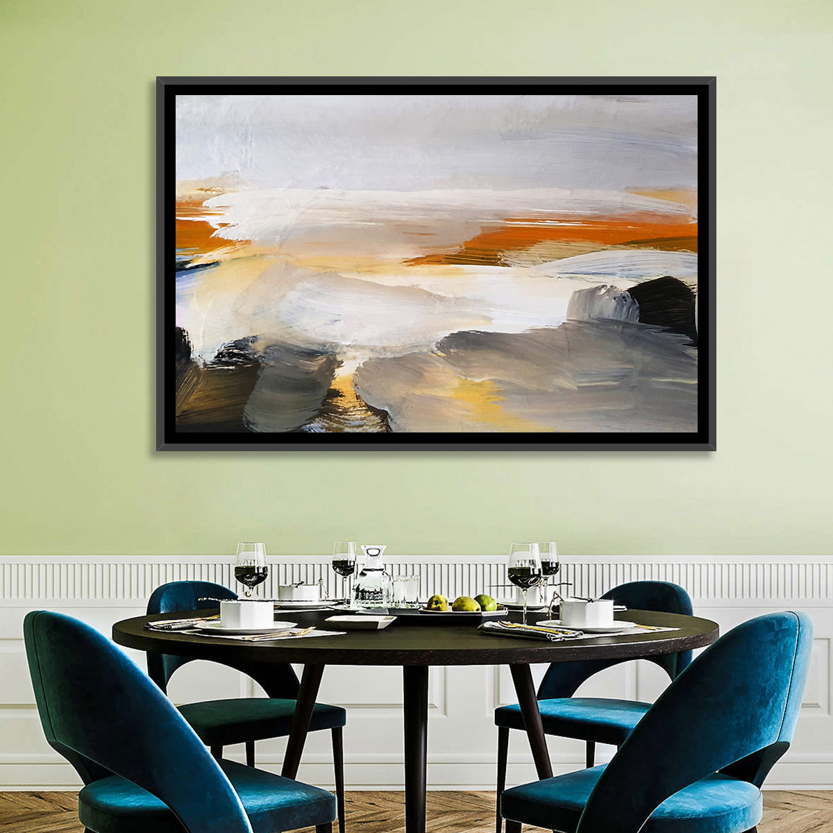 Misty Coastal Horizon Wall Art in a room, landscape