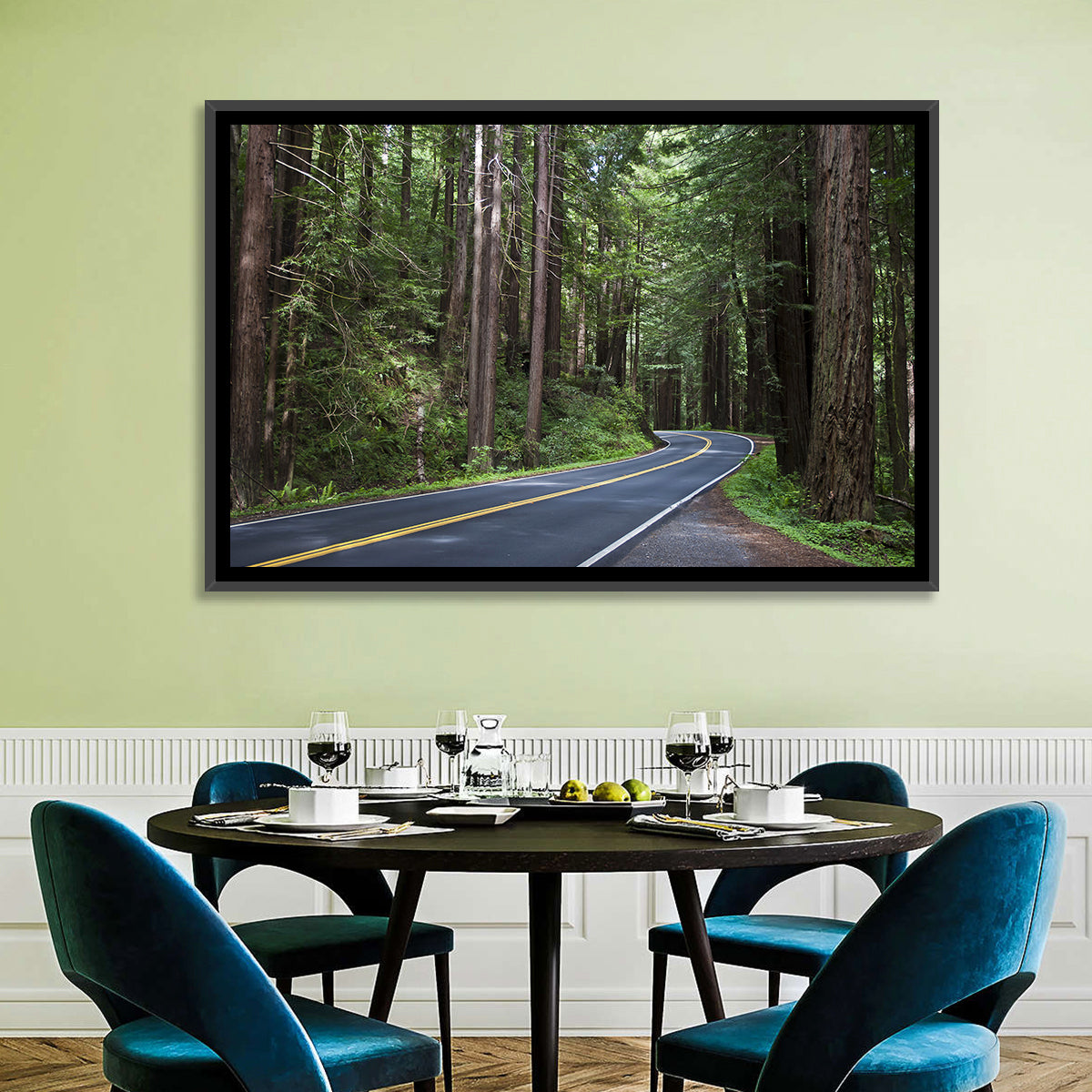 Winding Redwood Forest Road Wall Art in a room, landscape