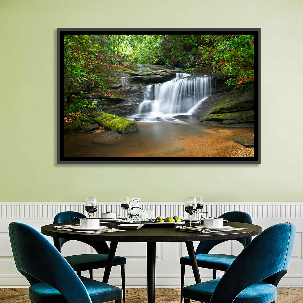 Blue Ridge Mossy Waterfall Wall Art in a room, landscape